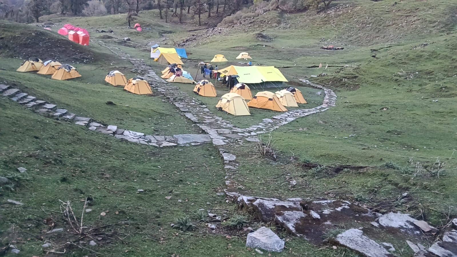 Tents along a stone path on a green meadow